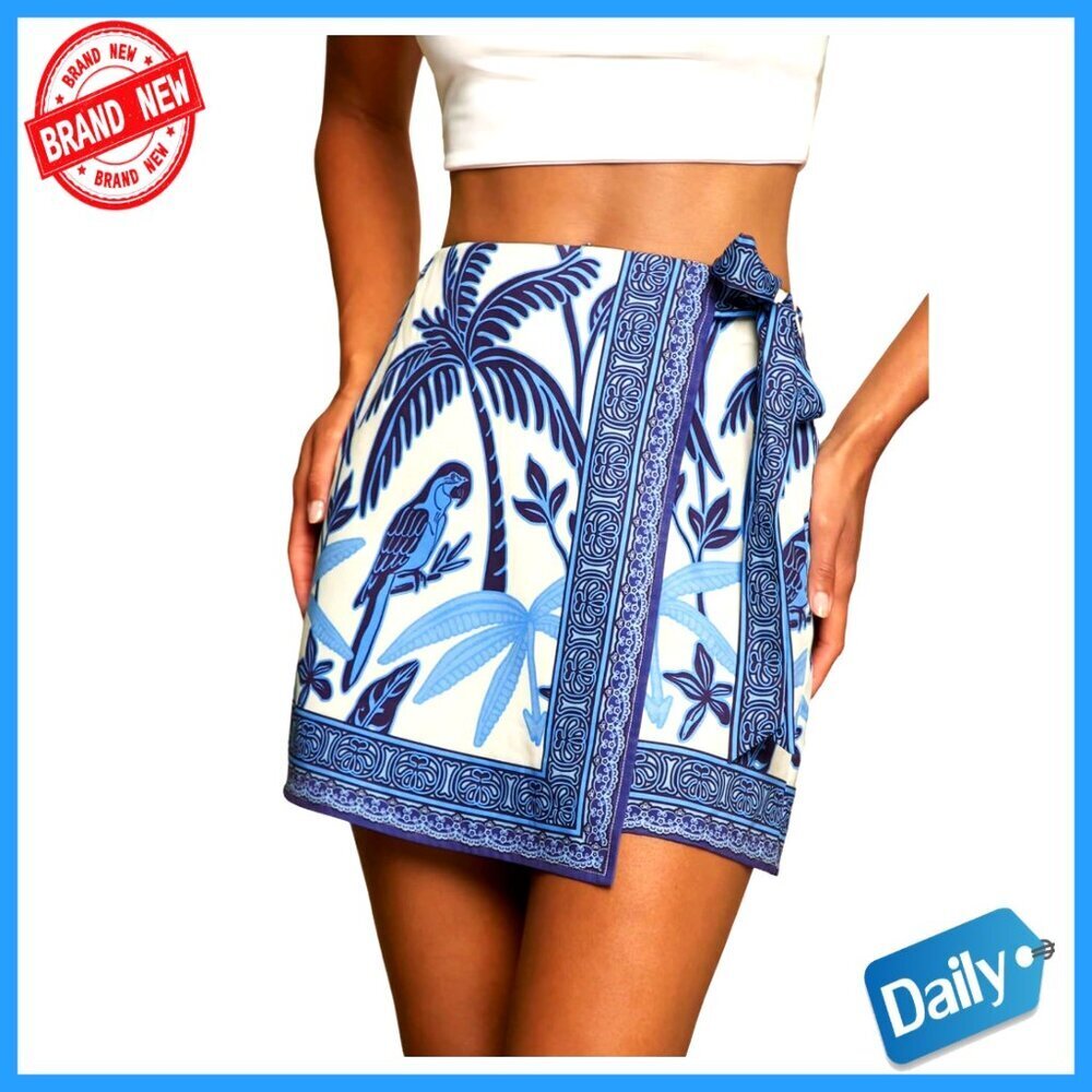 Polyester Mini Skirt High Rise Asymmetrical Wrap Casual Vacation Wear